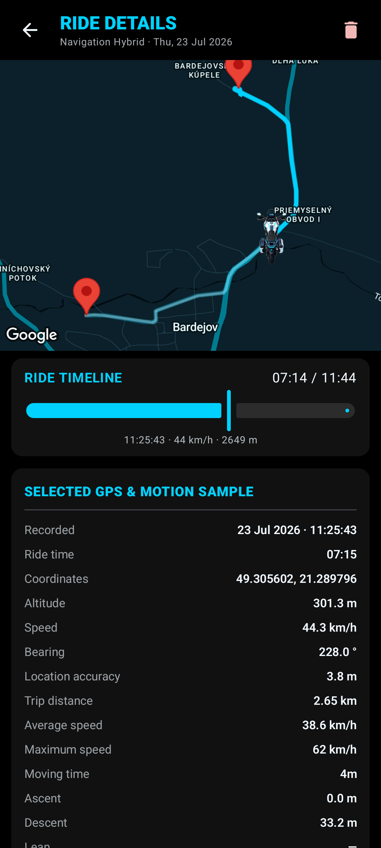 RideArrow Ride Log detail with route map, timeline and telemetry